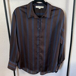LOFT Women’s Brown Button Down Dress Shirt with Blue Stripes